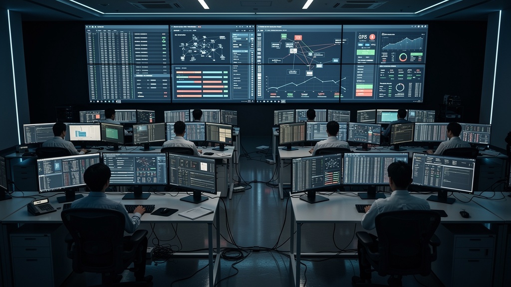 ネットワーク運用センターで複数画面を監視するエンジニア